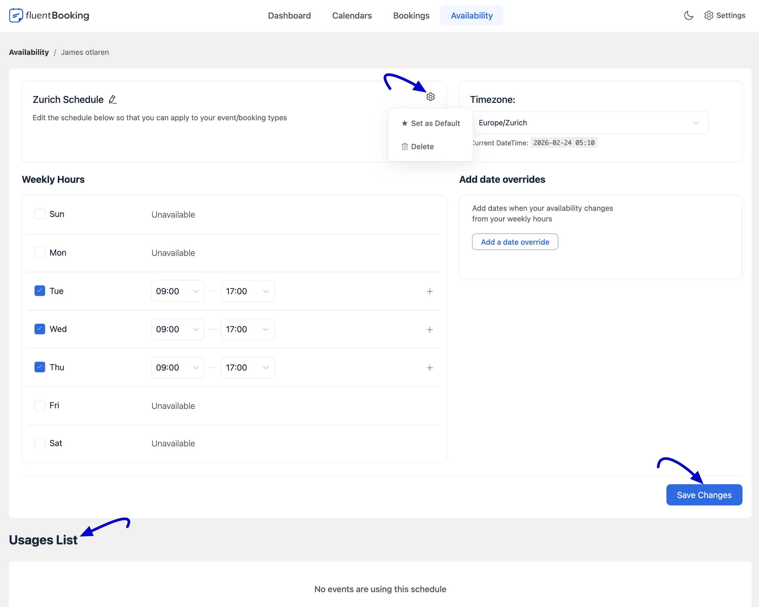 availability schedule settings