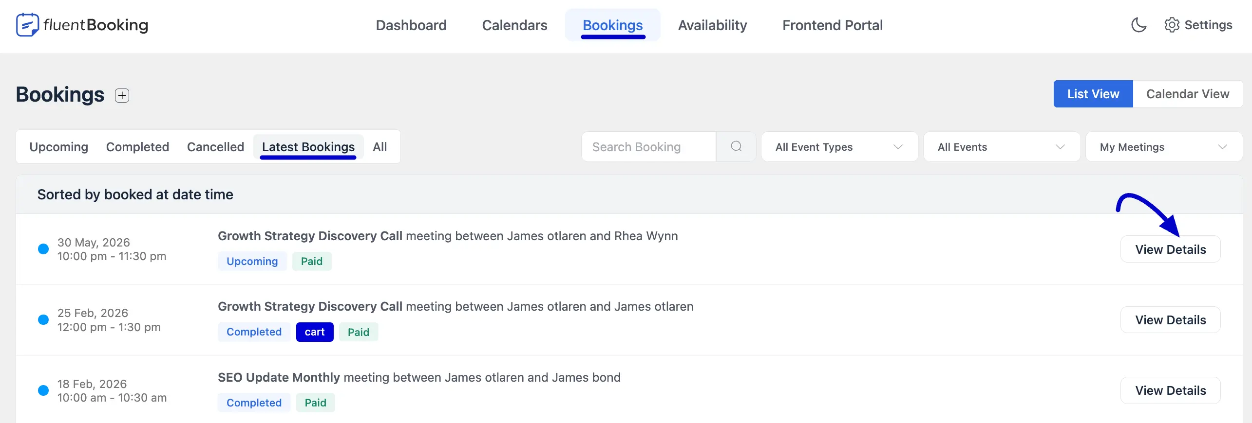 Latest Bookings