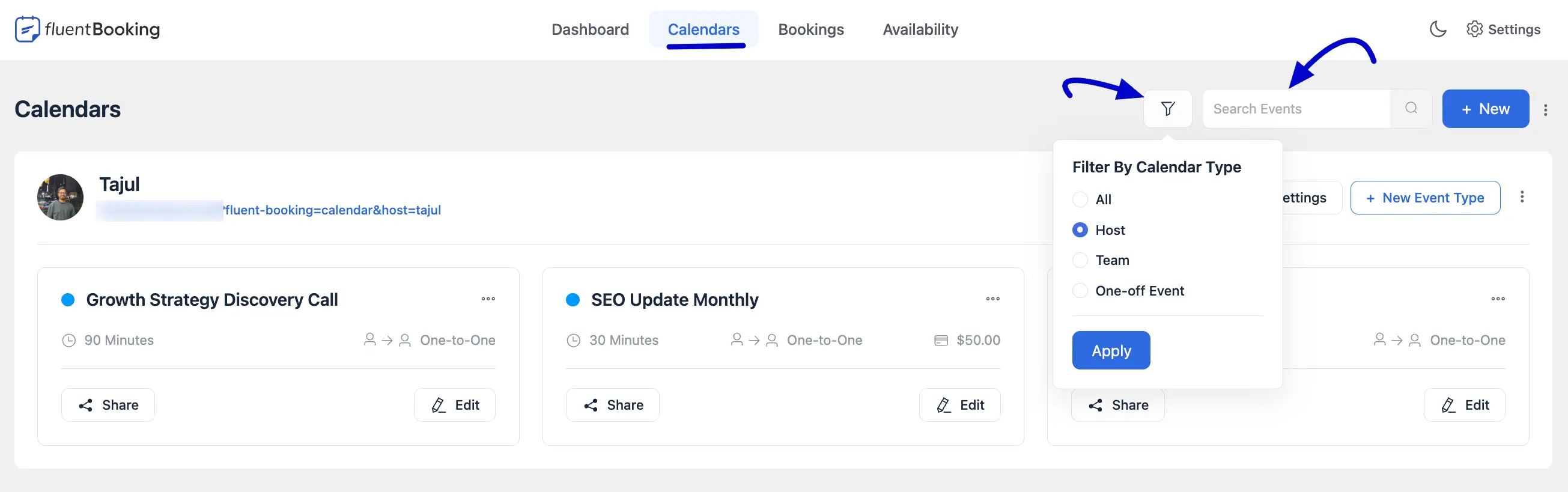 Calendar search and filter