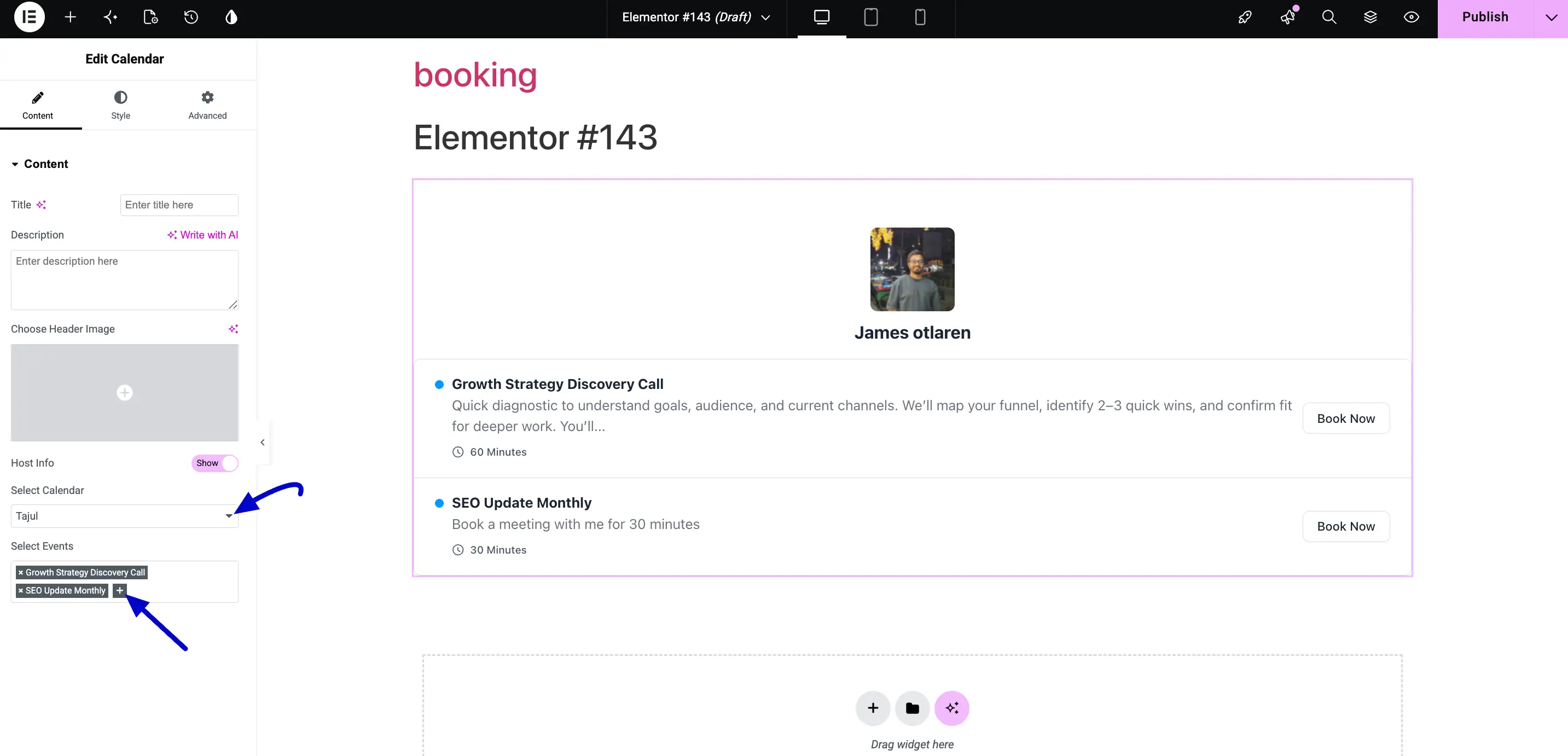 Calendar widget on the front end