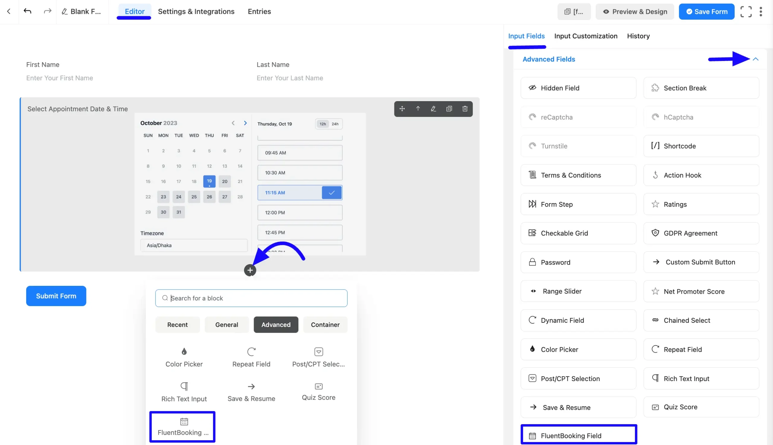 Add Booking to the Fluent Forms