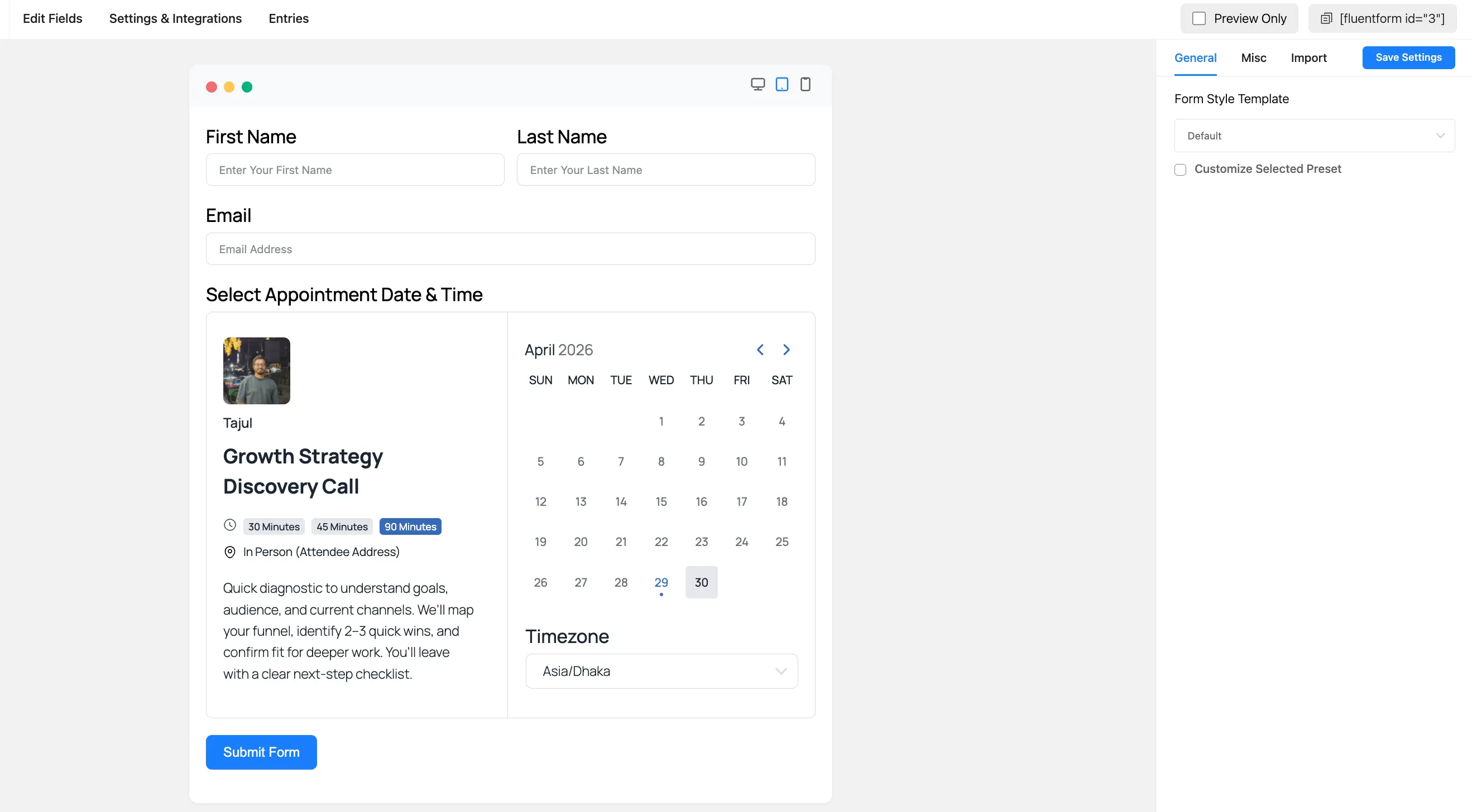 Preview of Added FluentBooking Field