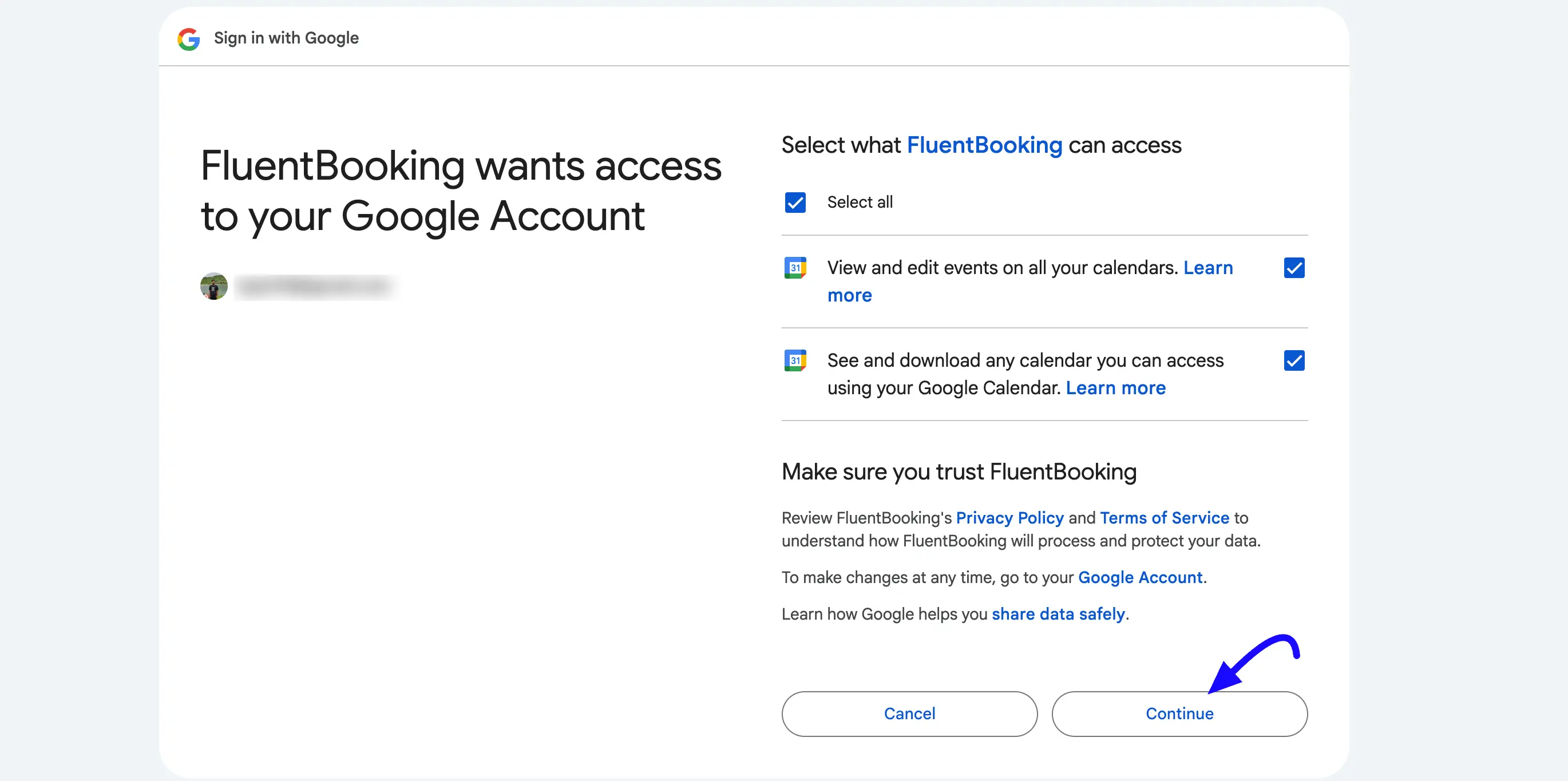 fluentbooking google calendar permissions