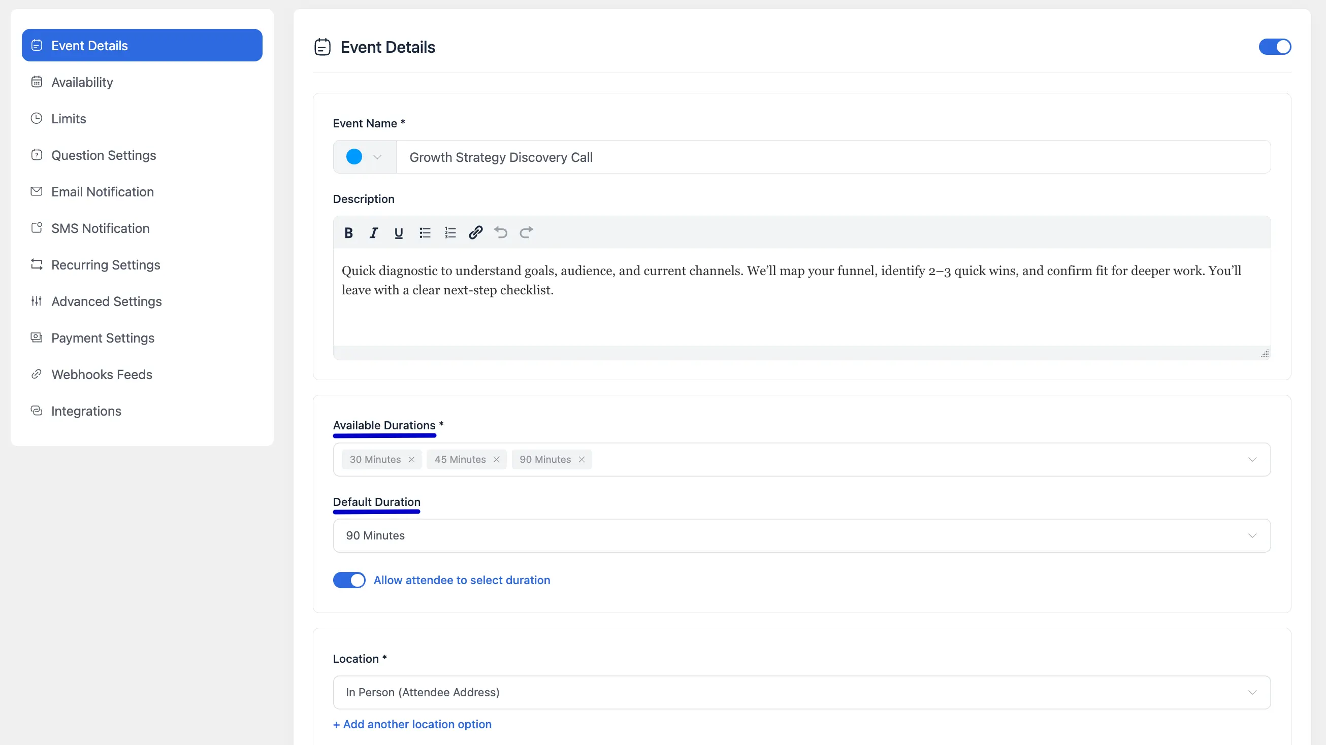 Setting up the Meeting Duration