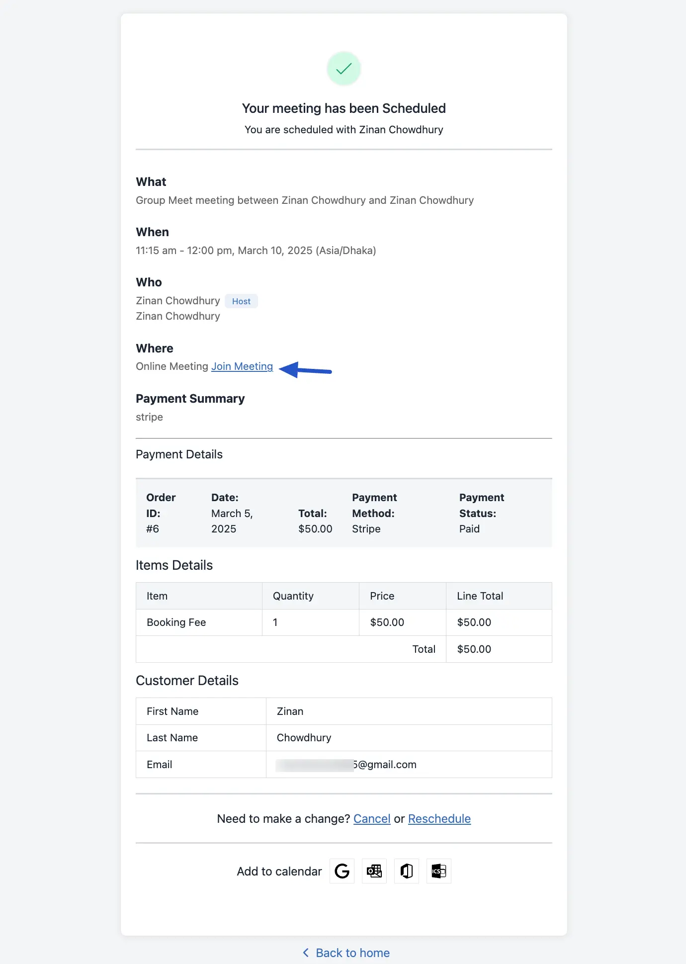Meeting Schedule Confirmation message